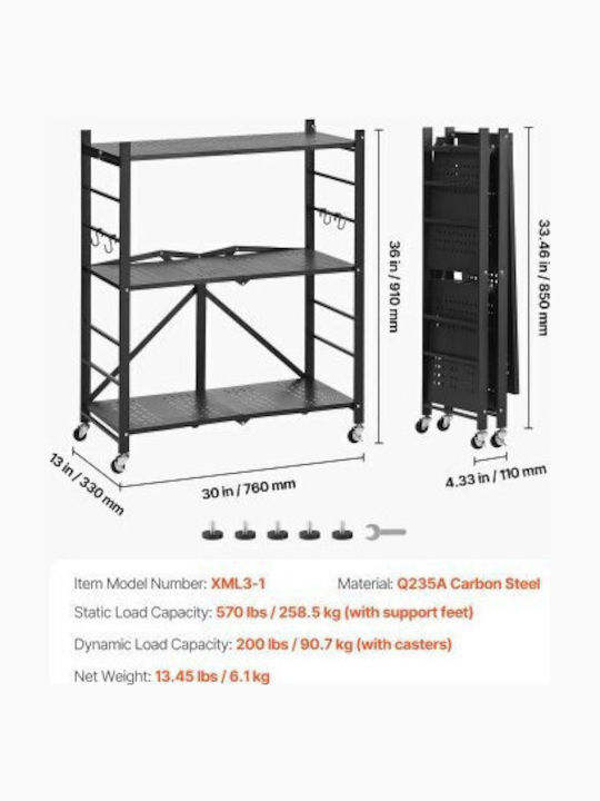 Vevor Metallic Kitchen Trolley 3 Tiers Black 76x33x91cm
