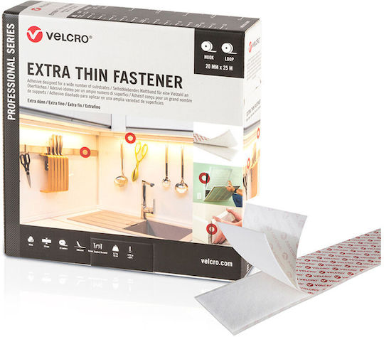 Ταινία Αυτοκόλλητη Άσπρη Velcro Extra Thin Fastener Χαμηλού Προφίλ 20mmx25m Vel-ps20015