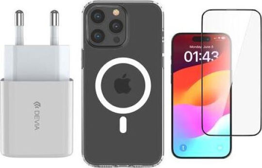 Devia Back Cover Plastic / Silicone Set with Glass White (iPhone 15 Pro)