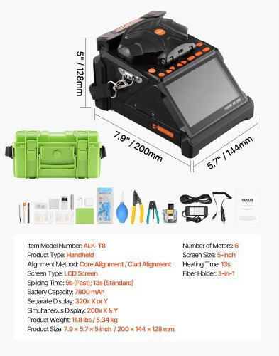 Vevor Set Optic Fiber Fusion Splicer Cu Baterie Și Husă