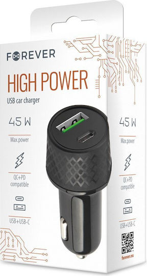 Forever Încărcător Auto 45W 2.4A cu un Port: 1xUSB Negru Culoare