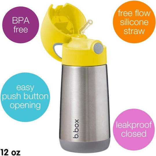 B.Box Kinderflasche Thermos Rostfreier Stahl mit Strohhalm Gelb 350ml