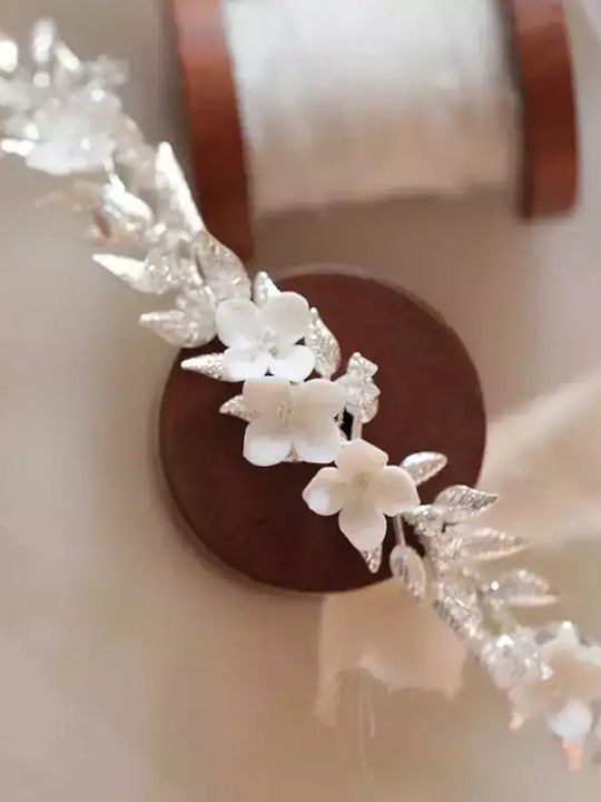 Freya Silver Metallic Hairpin Decorated with Ceramic Flowers