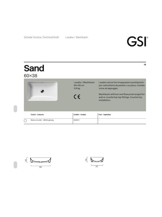 GSI Sand Aufgesetztes Waschbecken Porzellan 60x38x11cm Weiß