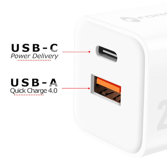 Forcell Charger Without Cable GaN with USB-A Port and USB-C Port 20W Power Delivery / Quick Charge 4.0 Whites (F-Energy Mini VT-35A)