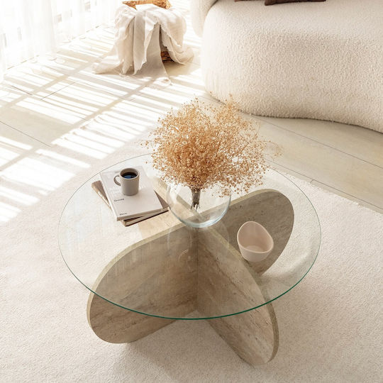 Кръгла Централна Кафе Маса Bubble Стъклена Travertine Бежово-прозрачно Ш75xД75xВ35см