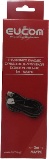 Eucom Flat Τηλεφωνικό Καλώδιο RJ11 6P4C 3m Μαύρο (10-100-0038Μ-Μ)