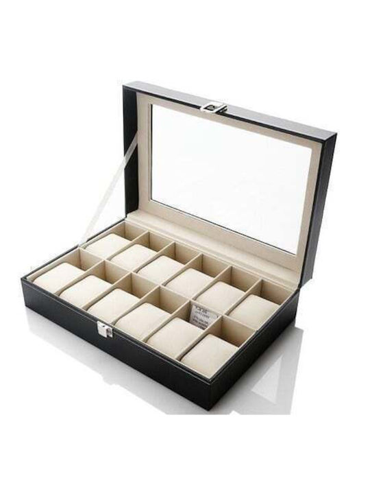 Storage Box Watches 12 Compartments Detachable Soft Cushions Made Eco Leather Black Cream