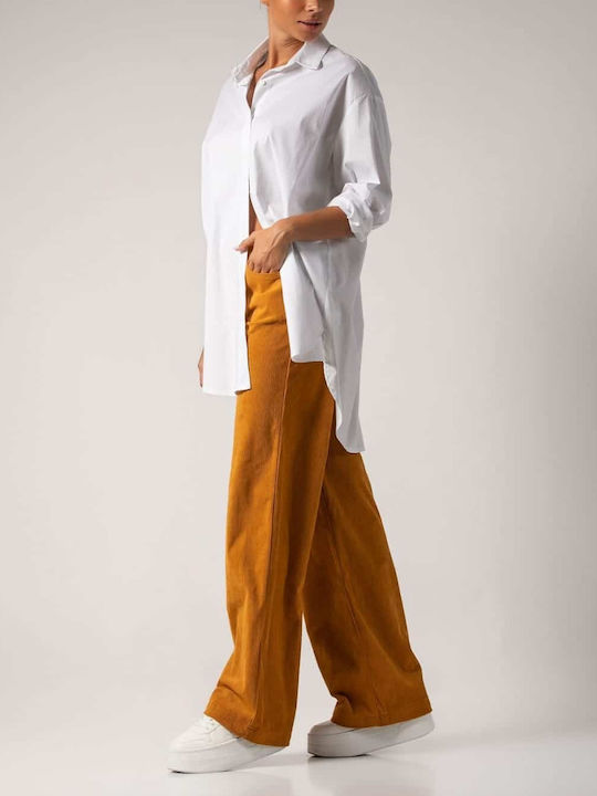 Damen Stoff Hose in Weitem Schnitt Mustard