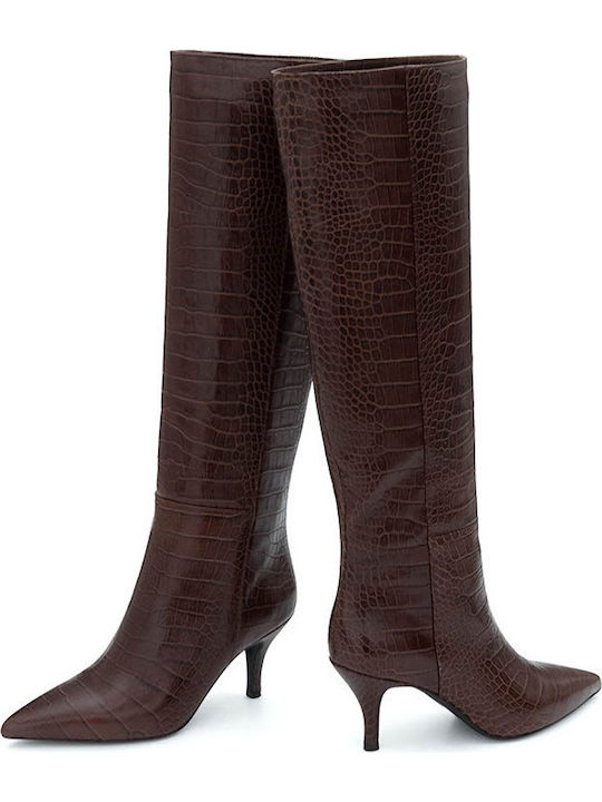 Leather High Heel Women's Boots with Zipper Brown