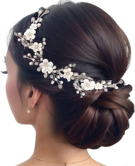 Official Handmade Floral Mesh Hairband Hair Decorated with Shiny Pearls Sparkling Rhinestones Diamonds White Silver