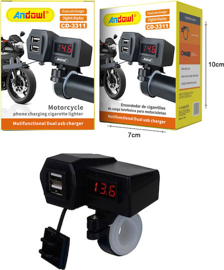 Andowl CD-3311 Φορτιστής Μοτοσυκλέτας με Θύρες: 2xUSB