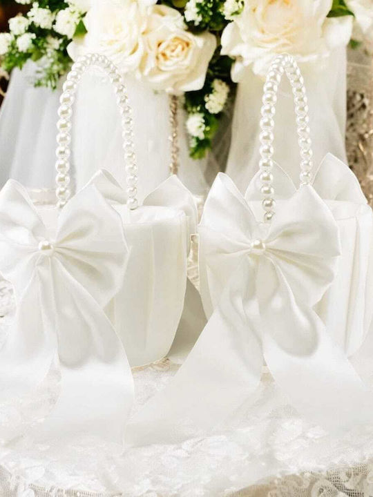 Official Ultra-Shiny Wedding Basket Dressed in Satin Fabric Decorated with Unique Pearls and Impressive White Bows