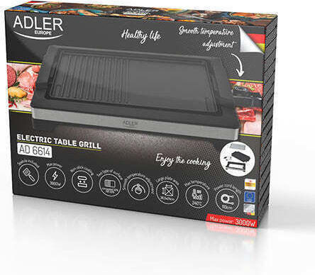 Adler Tabletop Electric Grill Smooth and Ribbed Plate 3000W with Adjustable Thermostat 33cmx33cmcm