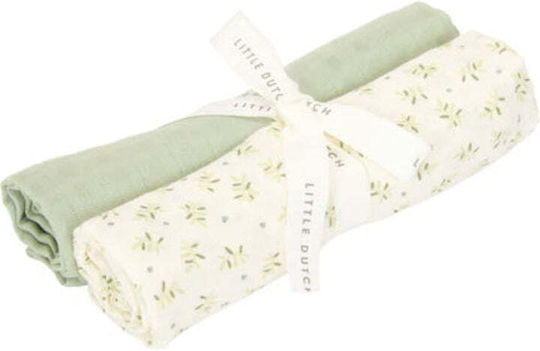 Little Dutch Blueberry Leaves / Sage Muslin Swaddle Wraps White 70x70cm. 2pcs