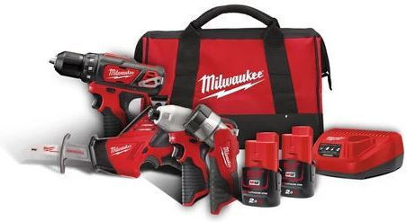 Milwaukee M12 BPP4A-202B Set Bohrschrauber & Schlagschraubendreher & Stichsäge & Objektiv 12V mit 2 Batterien 2Ah und Hülle