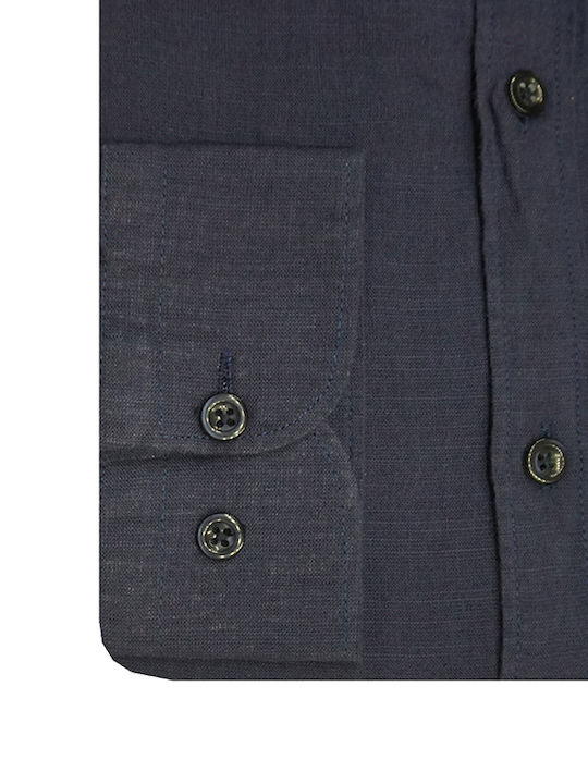 Long Sleeve Linen Shirt in Slim Fit Dark Blue