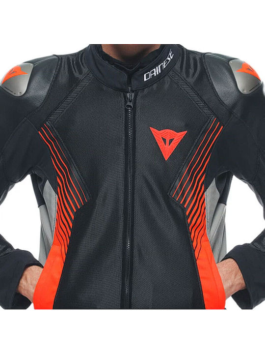 Dainese Super Rider 2 Herren Motorradjacke Leder 4 Jahreszeiten Wasserdicht Black/Dark Gull Gray/Fluo-Red