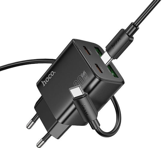 Hoco Charger with 2 USB-A Ports and 2 USB-C Ports and Cable USB-C - USB-C 30W Power Delivery / Quick Charge 3.0 Blacks (N56 Fundador)