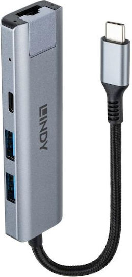 Lindy Hub USB 3 Porturi USB 3.2 cu Conectare USB-A Ethernet Gri