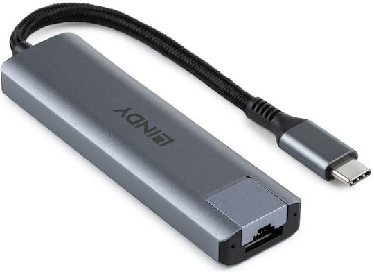 Lindy Hub USB 3 Porturi USB 3.2 cu Conectare USB-A Ethernet Gri