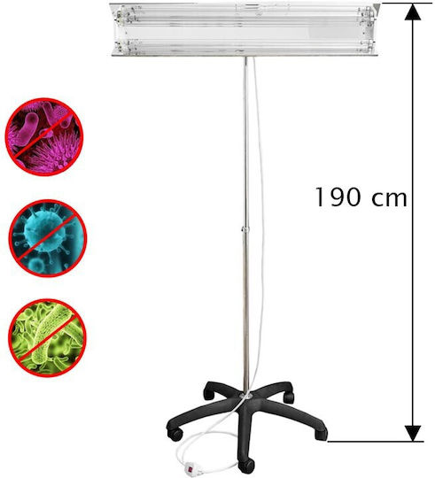 Portable Uvc Bactericidal Lamp 2x55w Adjustable Telescopic Stand 100-190 Cm Reflector 60 Sqm