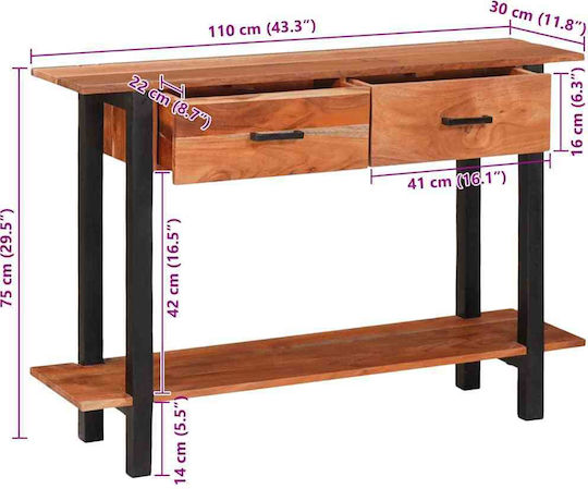 Solid Wood Console Table Coffee L110xW30xH75cm