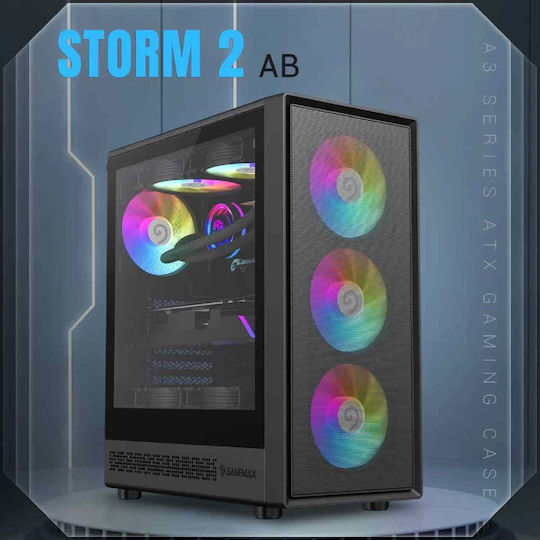 GameMax Storm 2 AB Gaming Midi Tower Computer Case with Side Window and ARGB Lighting Black