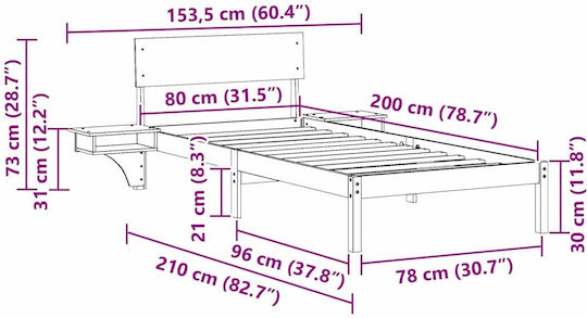Single Wooden White Bed with Slats for 80x200cm Mattress