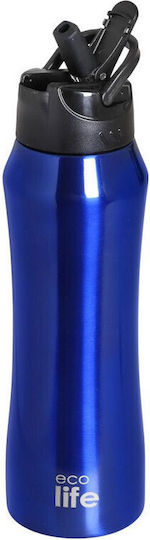 Ecolife Recyclable Bottle Thermos Stainless Steel / Plastic BPA Free 550ml Blue with Straw