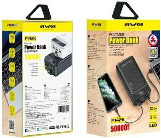 Awei P142K Power Bank 50000mAh 22.5W με 3 Θύρες USB-A και Θύρα USB-C Power Delivery Μαύρο