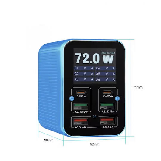 Relife с 4 USB-A порта и 2 USB-C порта 72W Power Delivery / Quick Charge 3.0 Син (Q4)