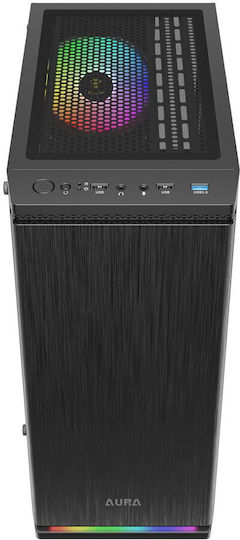 Aura GC8 Геймърско бюро Midi Tower Компютърна кутия със страничен прозорец и ARGB осветление Черен
