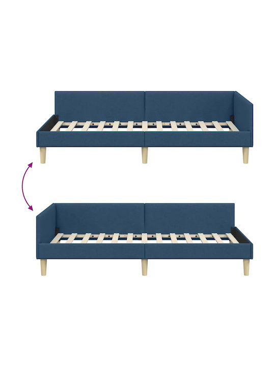 Pat Single Tapițat cu Material Albastru cu Plăci pentru Saltea 90x190cm