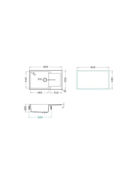 Pyramis 1b 1d Plus Ένθετος Νεροχύτης από Συνθετικό Γρανίτη Μ86xΠ50cm Iron Grey