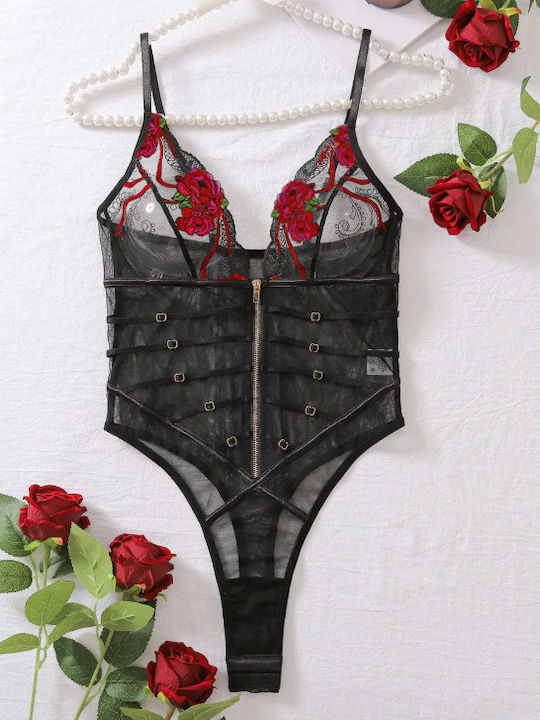 Roza Sexy Κορμάκι Κέντημα Στο Στήθος Κόκκινο