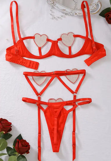 Roza Sexy Seturi De Lenjerie Sexy Stras Inimă Roșie