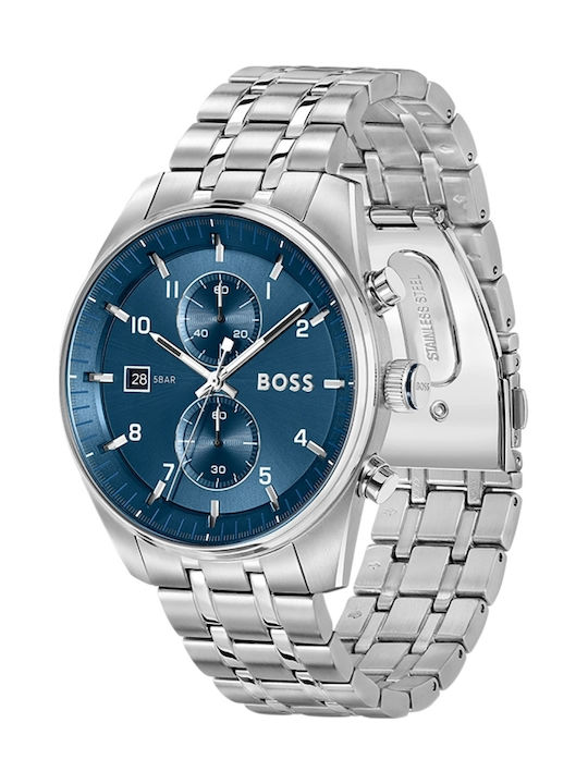 Boss Skytraveller Ανδρικό Ρολόι 44mm Χρονογράφος Μπαταρίας με Ασημί Μεταλλικό Μπρασελέ