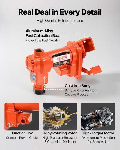 Vevor Fuel Transfer Pump 12v Dc 20 Gpm Hose & Nozzle Gasoline Diesel