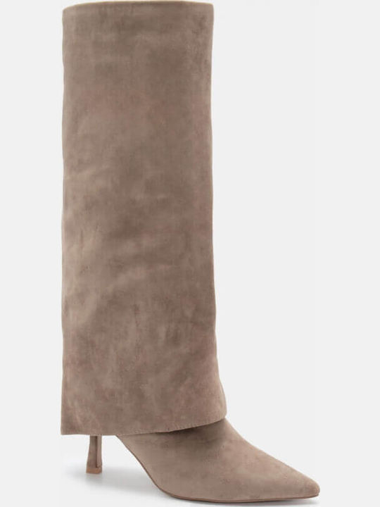Wildleder Damenstiefel mit hohem Absatz Beige