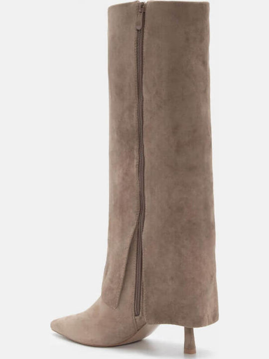 Wildleder Damenstiefel mit hohem Absatz Beige
