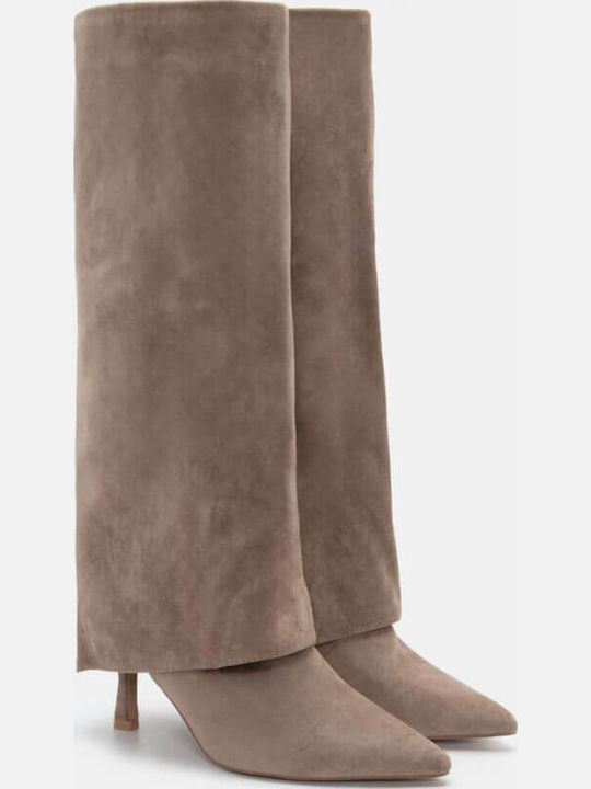 Wildleder Damenstiefel mit hohem Absatz Beige