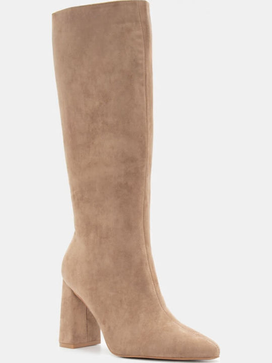 Wildleder Damenstiefel mit hohem Absatz Beige