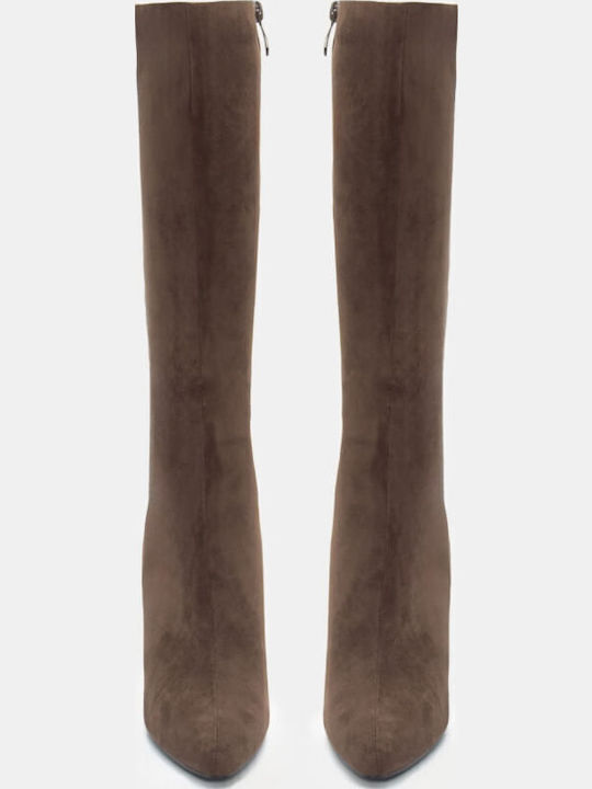 Wildleder Damenstiefel mit hohem Absatz Khaki