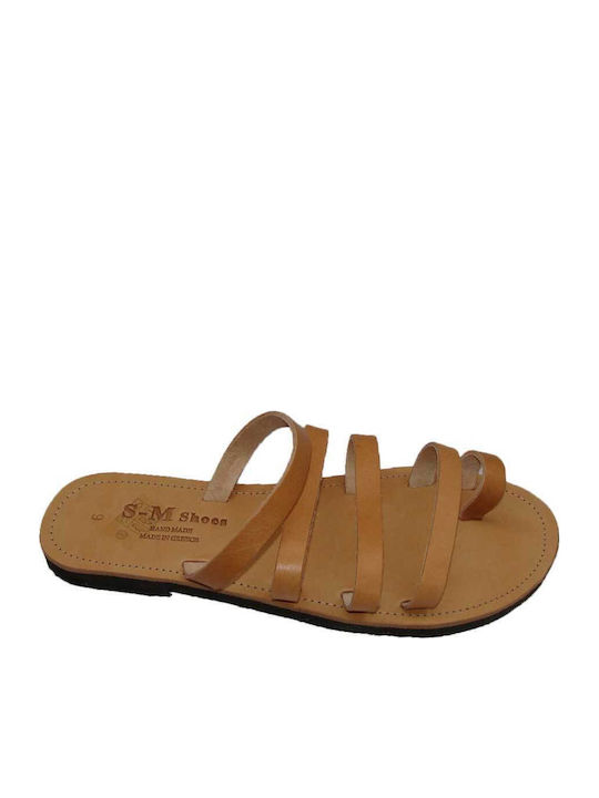 Leather Women's Flat Sandals in Tabac Brown Color