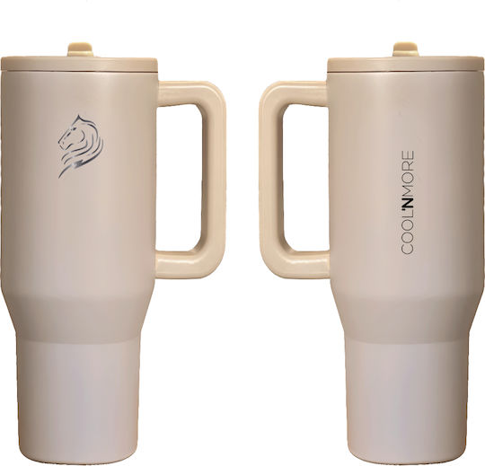 Cool'NMore Handled Tumbler Thermos Stainless Steel BPA Free 1lt Tan with Straw and Handle