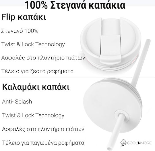 Cool'NMore Pahar Termos Oțel Inoxidabil Fără BPA 750ml Alb Leopard Cu Pai Și Mustiuc