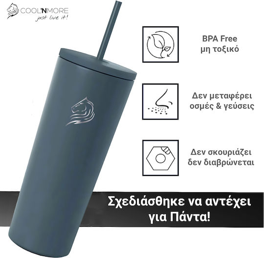 Cool'NMore Glass Thermos Stainless Steel BPA Free 600ml Lava Grey with Straw