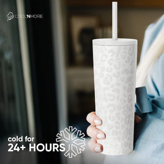 Cool'NMore Pahar Termos Oțel Inoxidabil Fără BPA 750ml Alb Leopard Cu Pai Și Mustiuc