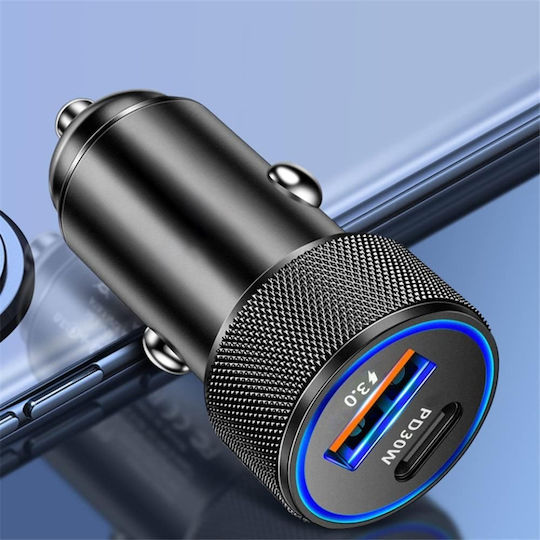 Încărcător Auto Fast Charge Pd 30w Qc 3.0 Type-C Usb Led Lights Skyddar Voltduo Set Sticker Negru